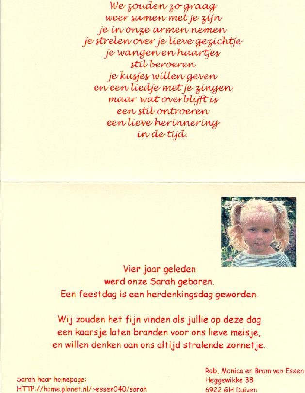 De binnenkant van het herdenk kaartje